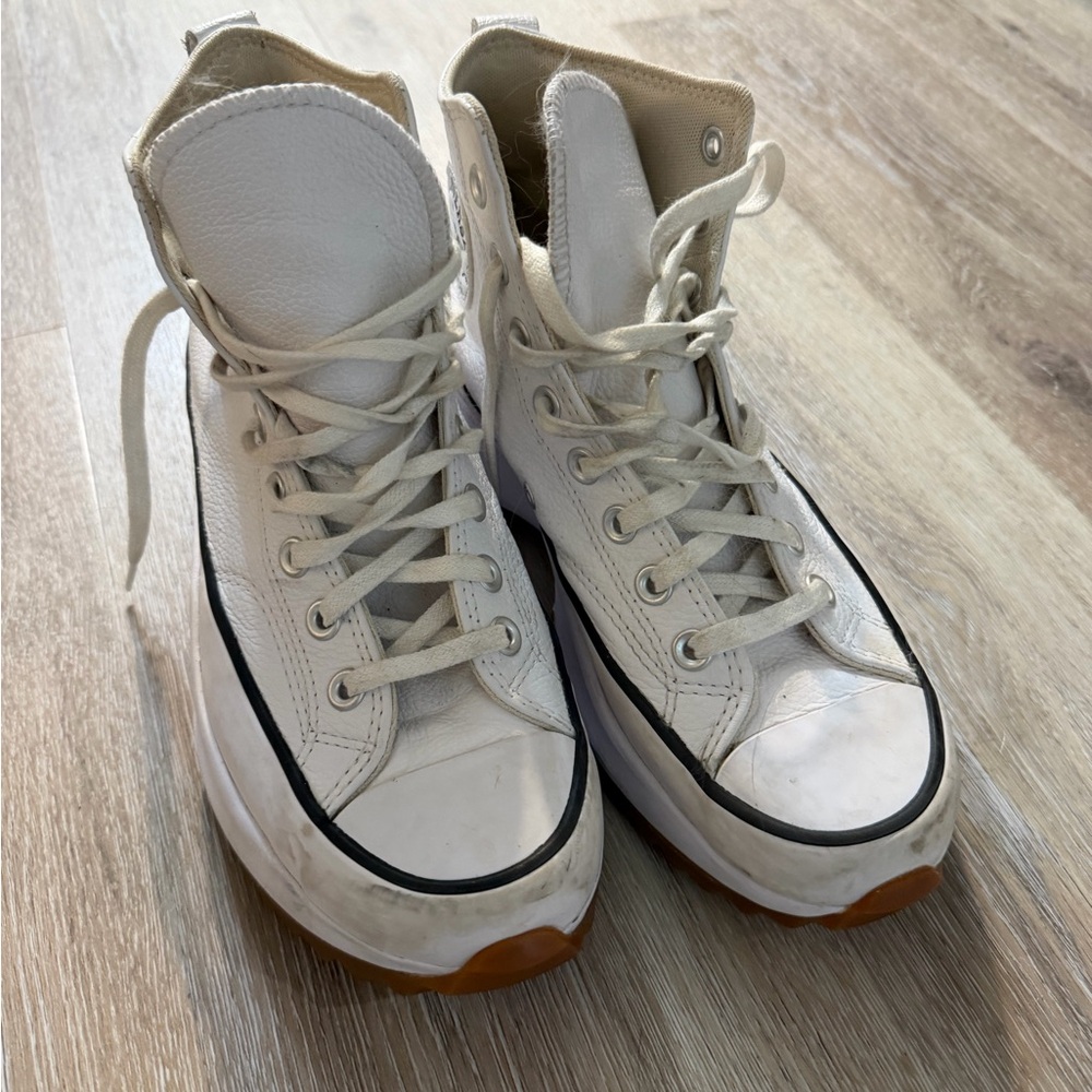 Converse White High-Top Sneakers with Black Trim and Gum Sole